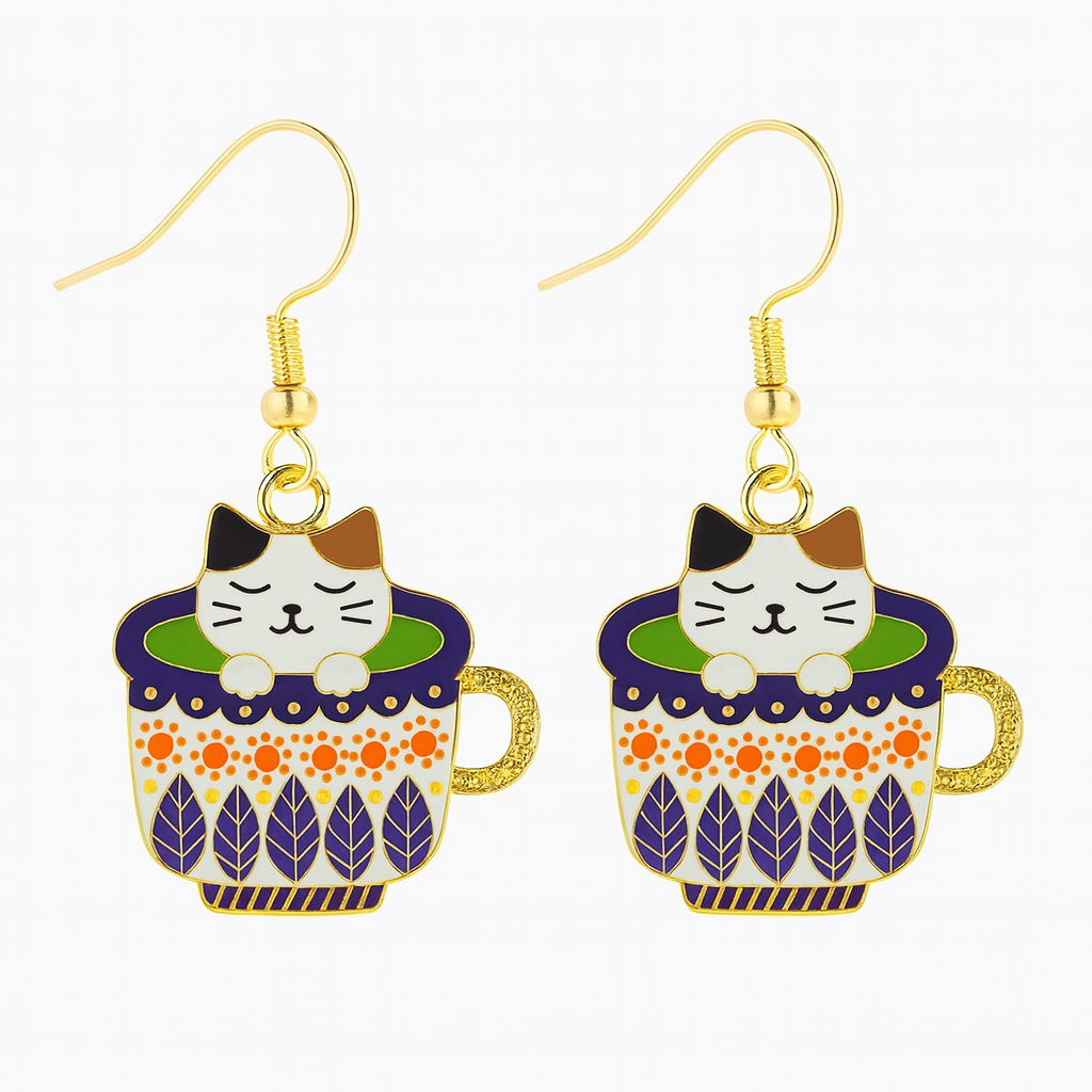 Tricolor Cat Teacup Earrings | As Seen on Netflix’s Wednesday