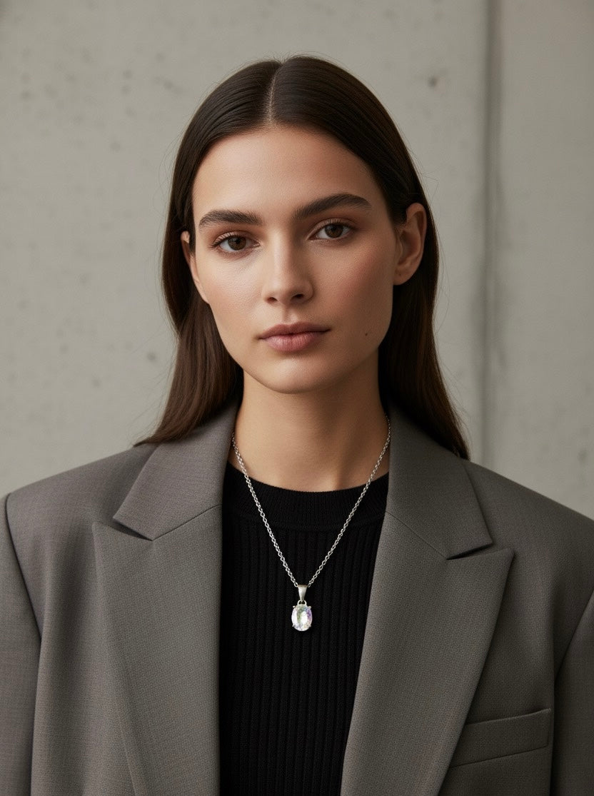 Collier ovale à facettes en topaze de feu - Argent 925