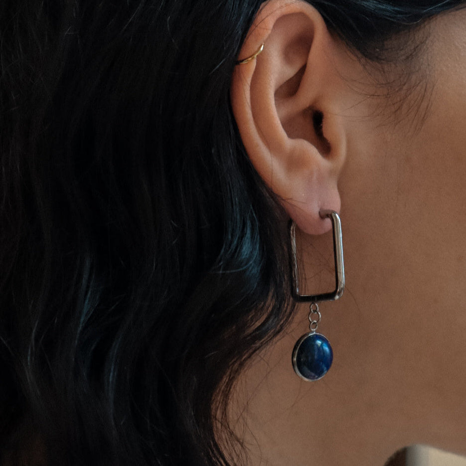 CARRE Boucles d'Oreilles Créoles Rectangulaires Lapis Lazuli Argenté