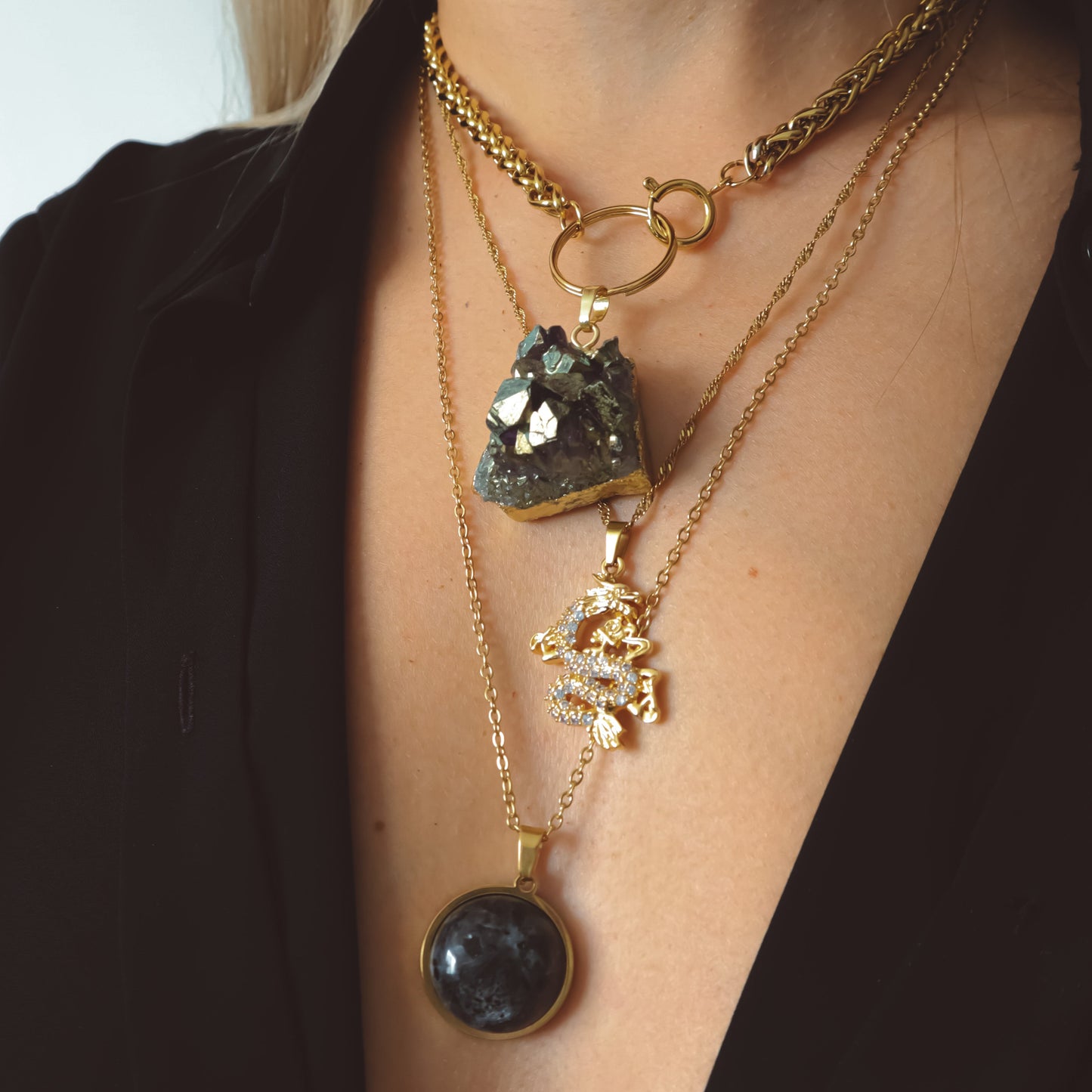 SAYA Collier Pendentif Larvikite Argent
