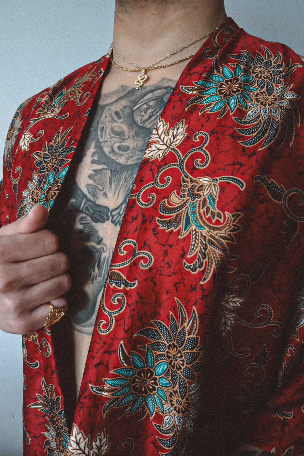 Red Floral Silk Kimono Shorts Set Mens - Camellia