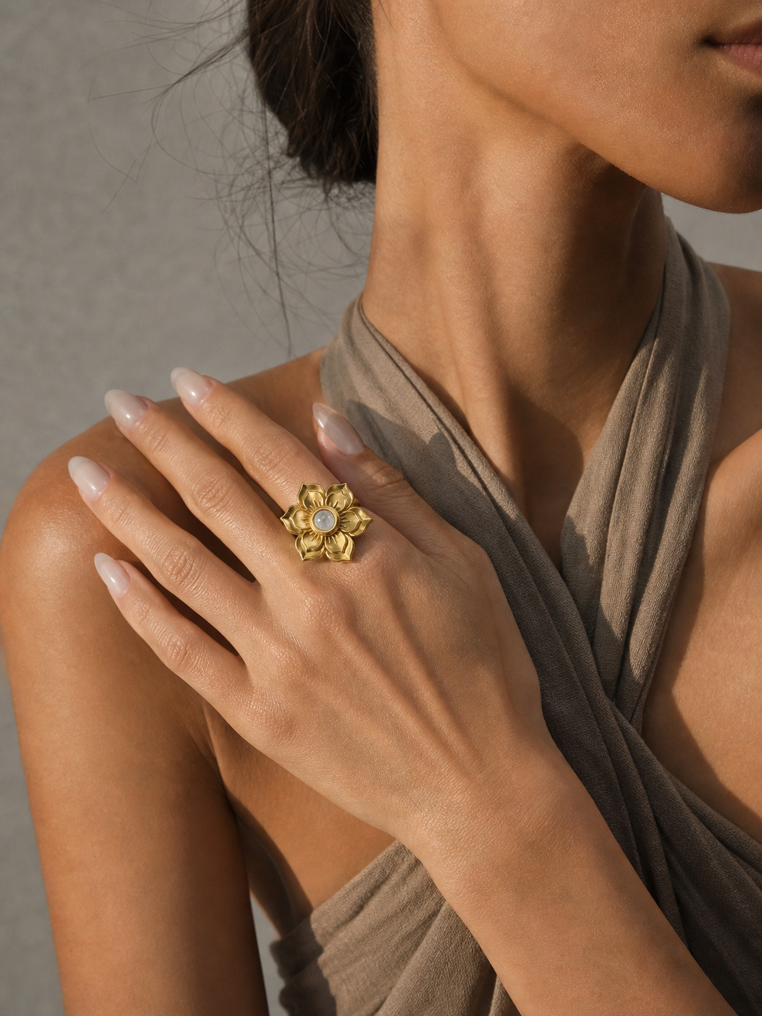 RISE Rainbow Moonstone Lotus Flower Ring Gold