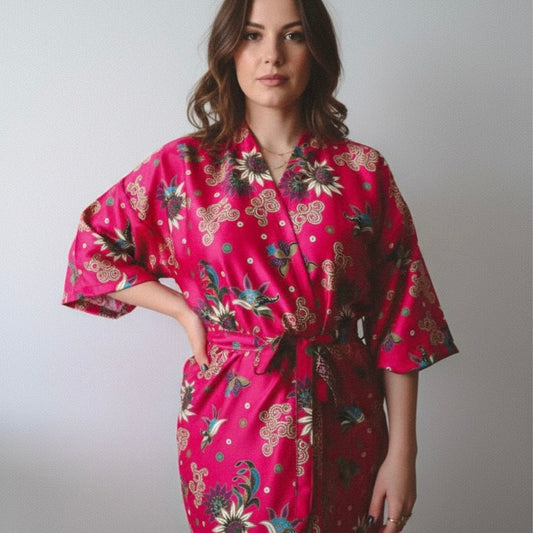 PLUMERIA Pink Floral Silk Kimono Robe