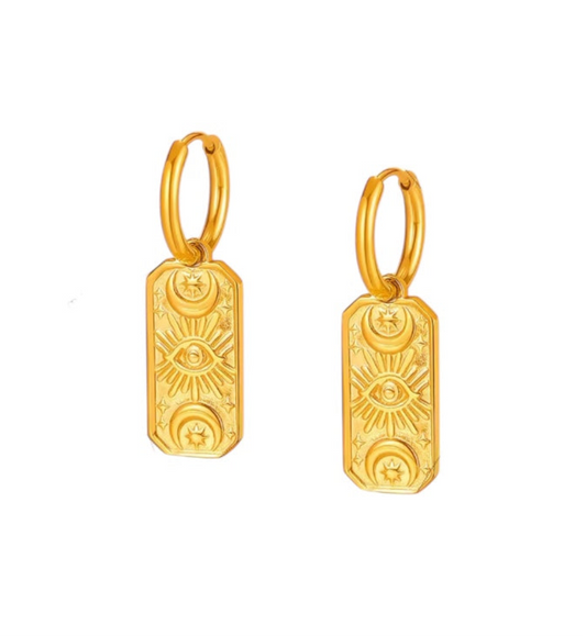 LUNAR GAZE Evil Eye Dangle Charm Hoop Earrings Gold