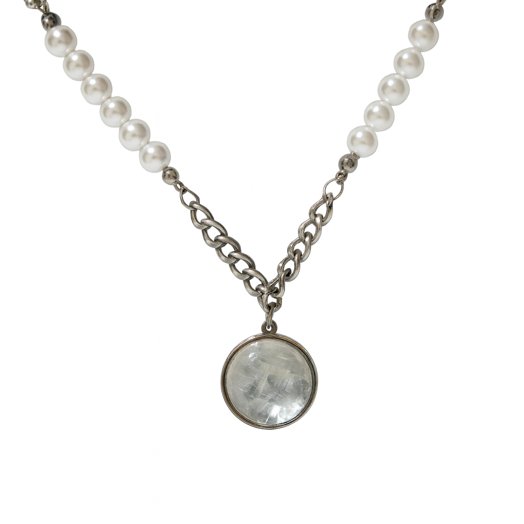 LUNAR DRIFT Rainbow Moonstone Cuban Chain & Pearl Necklace