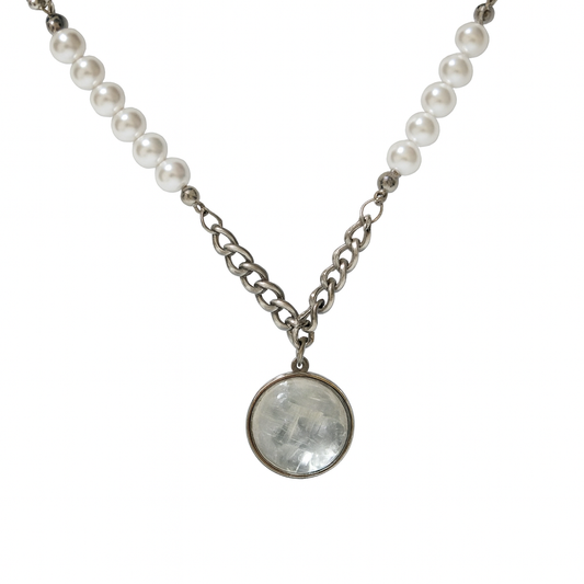 LUNAR DRIFT Rainbow Moonstone Cuban Chain & Pearl Necklace