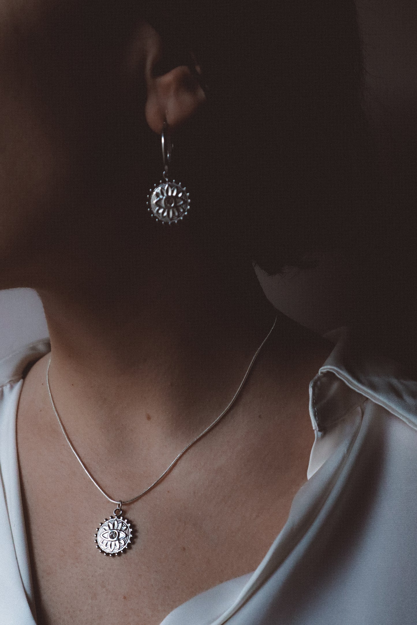 NAZAR Eye Charm Hoop Earrings Silver