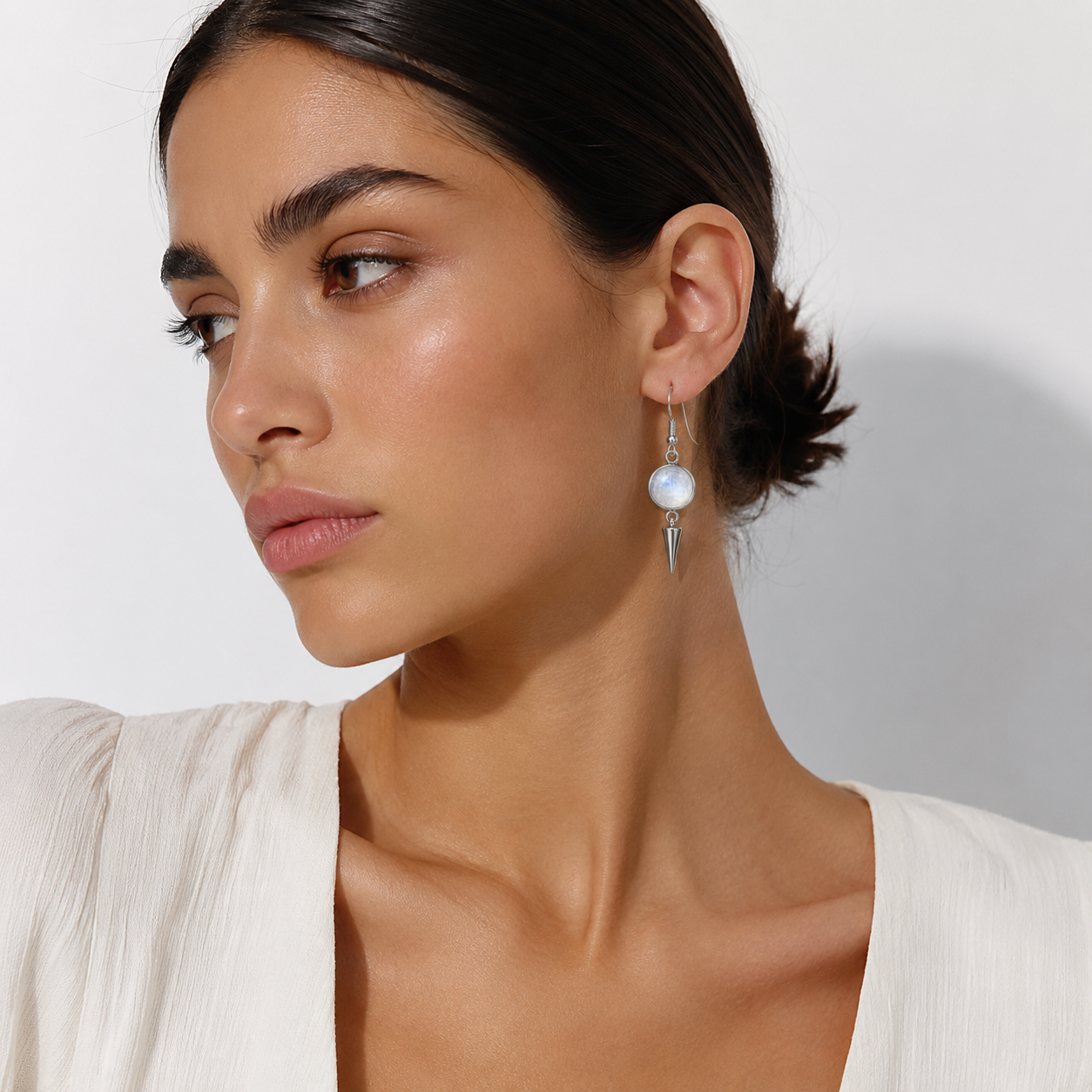 KORA Rainbow Moonstone Spike Earrings Silver