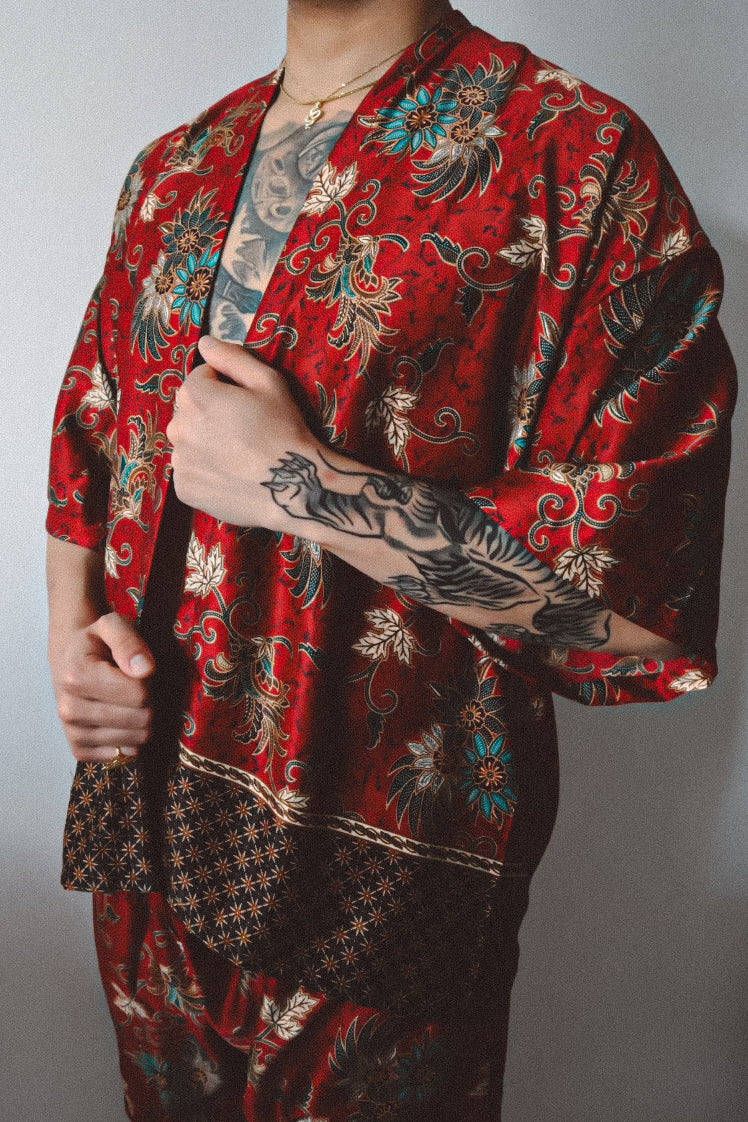 Red Floral Silk Kimono Shorts Set Mens - Camellia