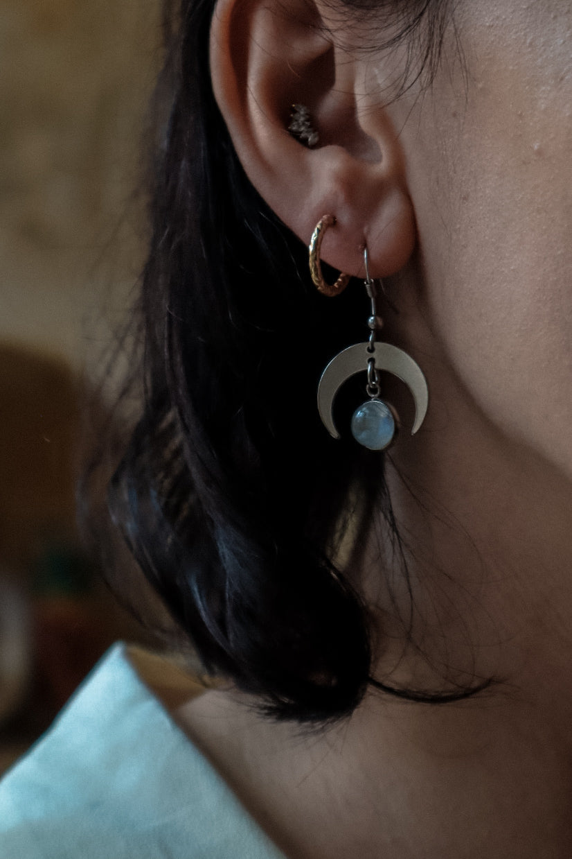 MOON SHADOW Rose Quartz Dainty Moon Earrings Gold