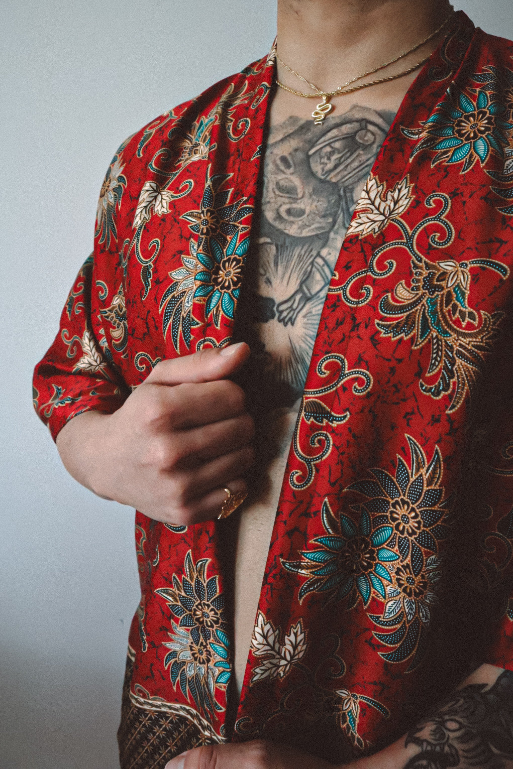 Red Floral Silk Kimono Shorts Set Mens - Camellia