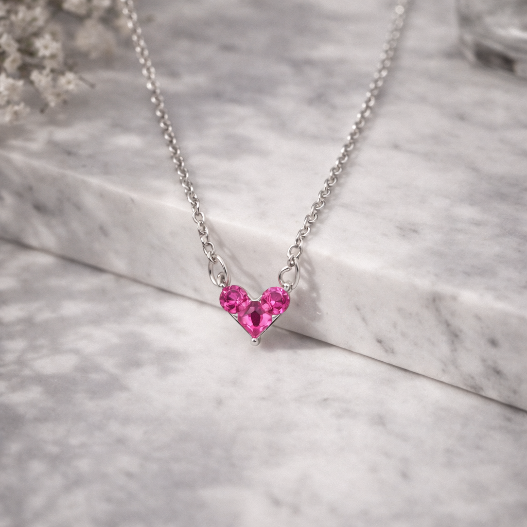 HEART Pink Crystal Heart Necklace Gold