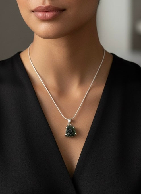 CELESTIAL IMPACT Raw Moldavite Pendant Necklace 925 Silver