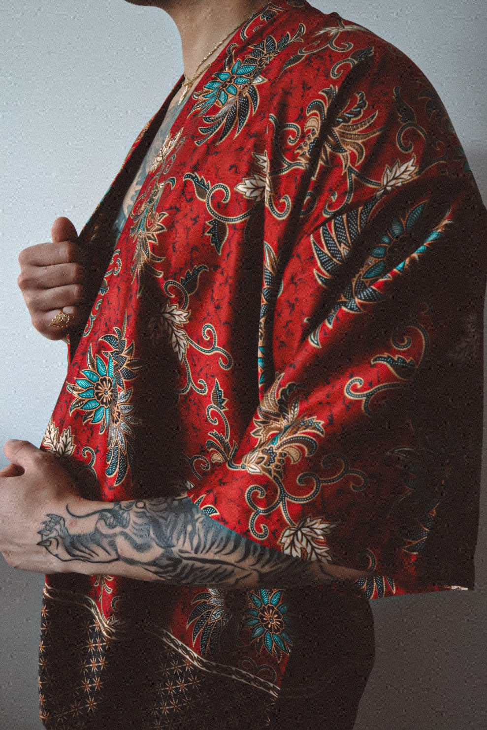 Red Floral Silk Kimono Shorts Set Mens - Camellia