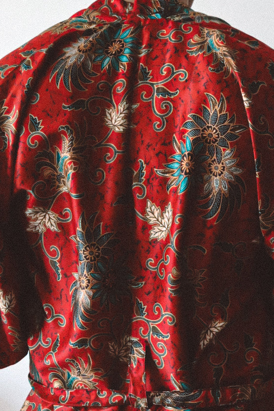 Red Floral Silk Kimono Shorts Set Mens - Camellia
