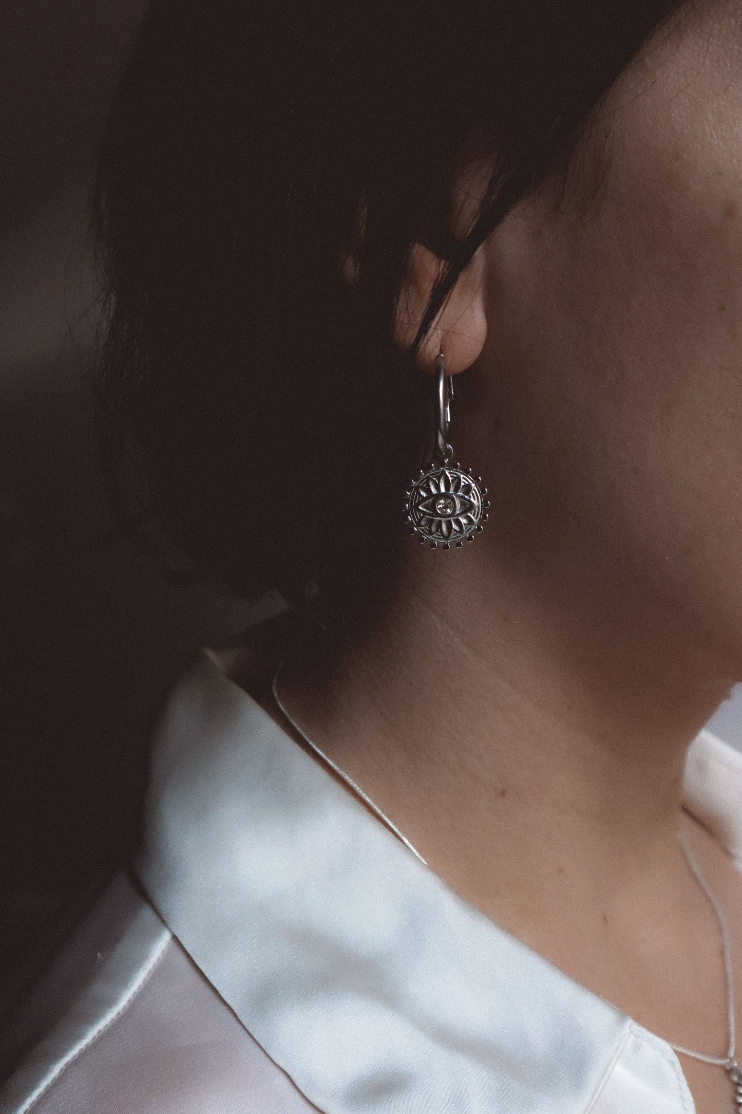 NAZAR Eye Charm Hoop Earrings Silver