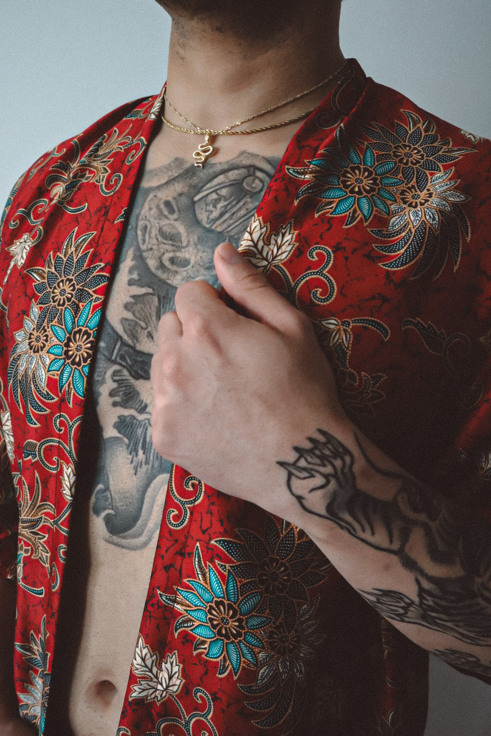 Red Floral Silk Kimono Shorts Set Mens - Camellia