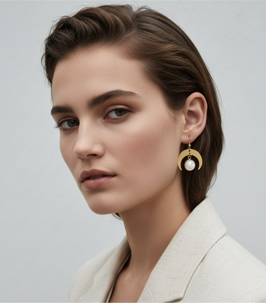 MOON SHADOW Moonstone Dainty Moon Earrings Gold