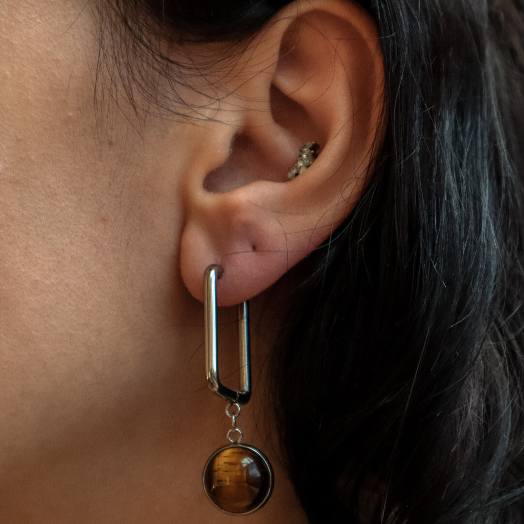 CARRE Tiger's Eye Rectangle Hoop Earrings Silver