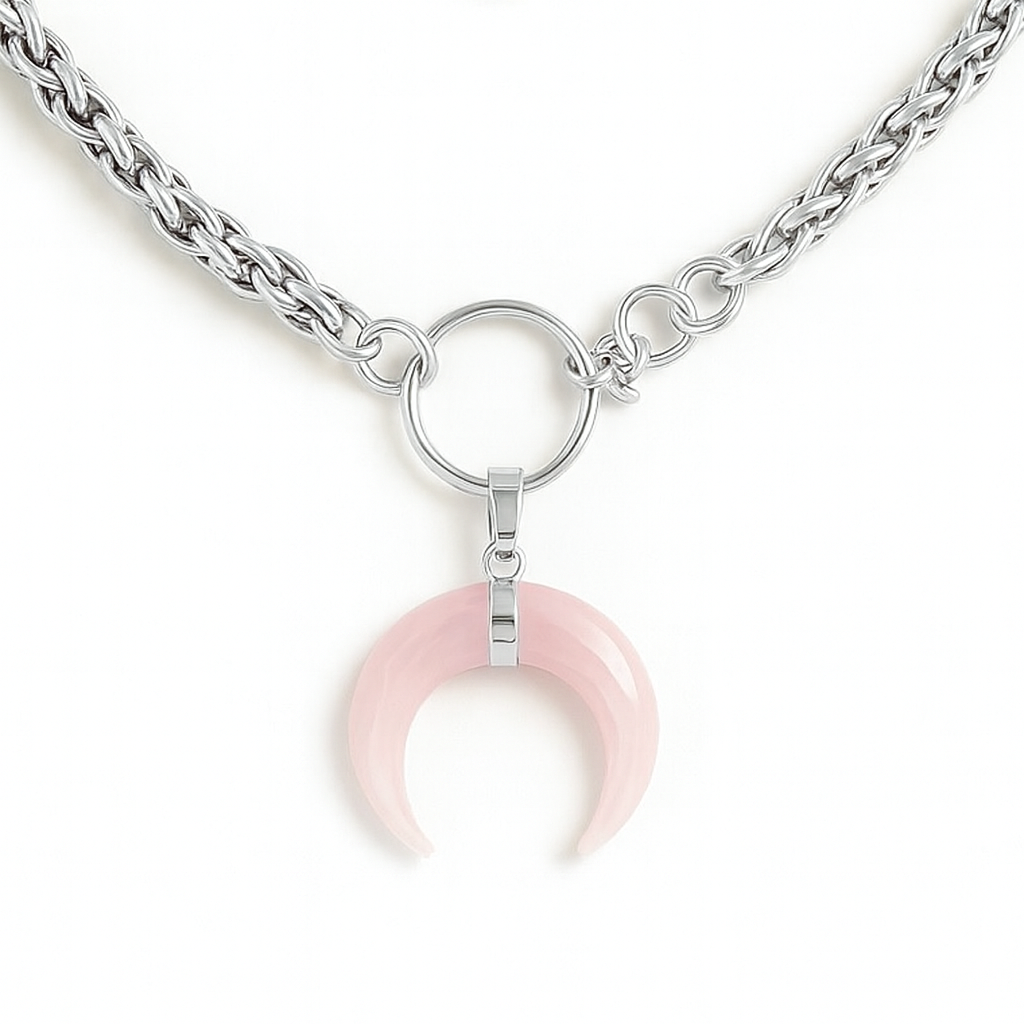 AURA Collier ras du cou en argent avec anneau en corne de quartz rose et chaîne de blé