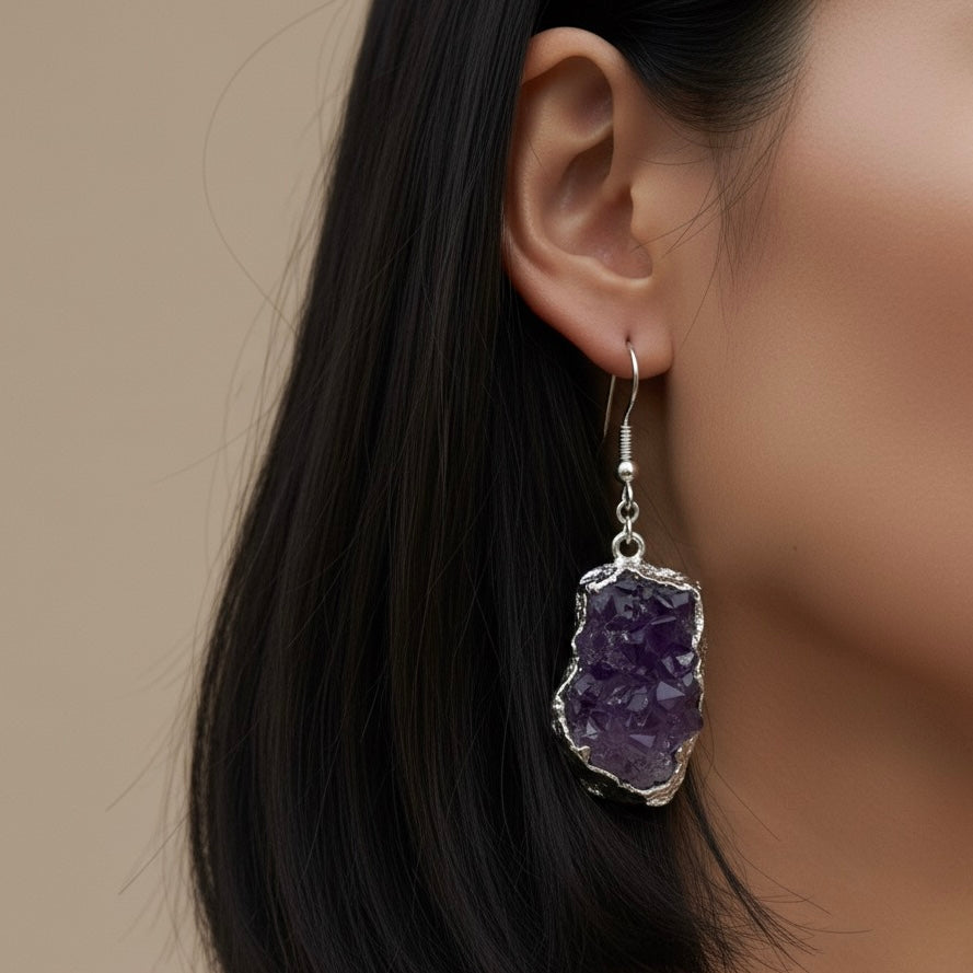 AMARA Raw Amethyst Cluster Dangle Charm Earrings Silver