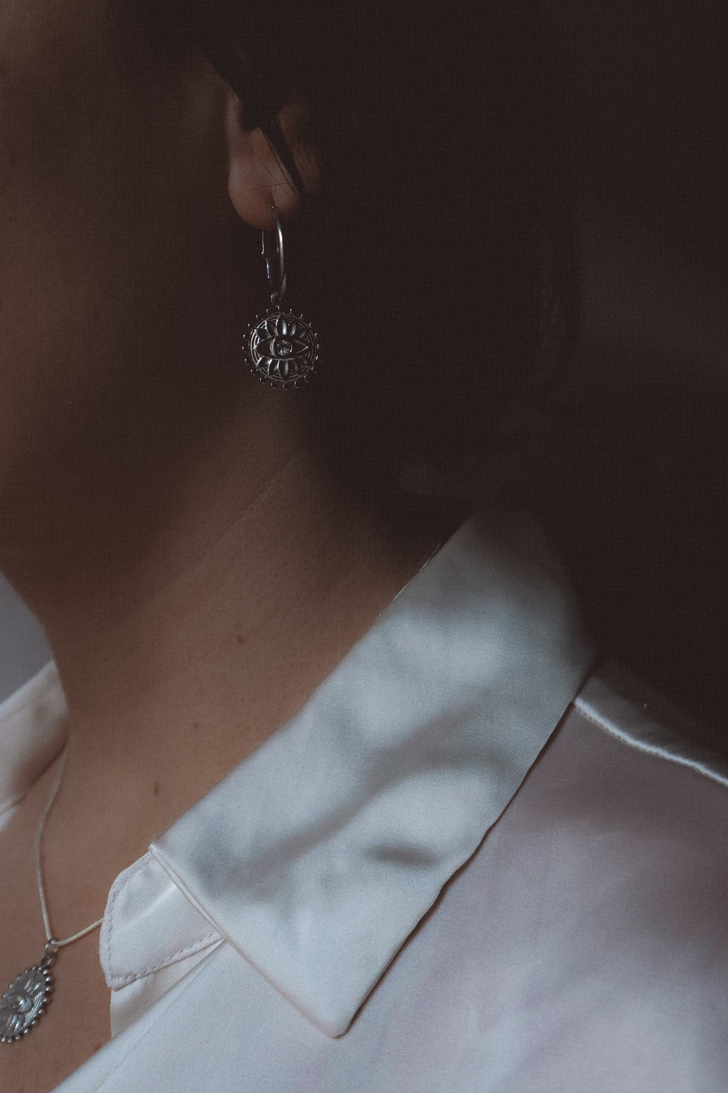 NAZAR Eye Charm Hoop Earrings Silver