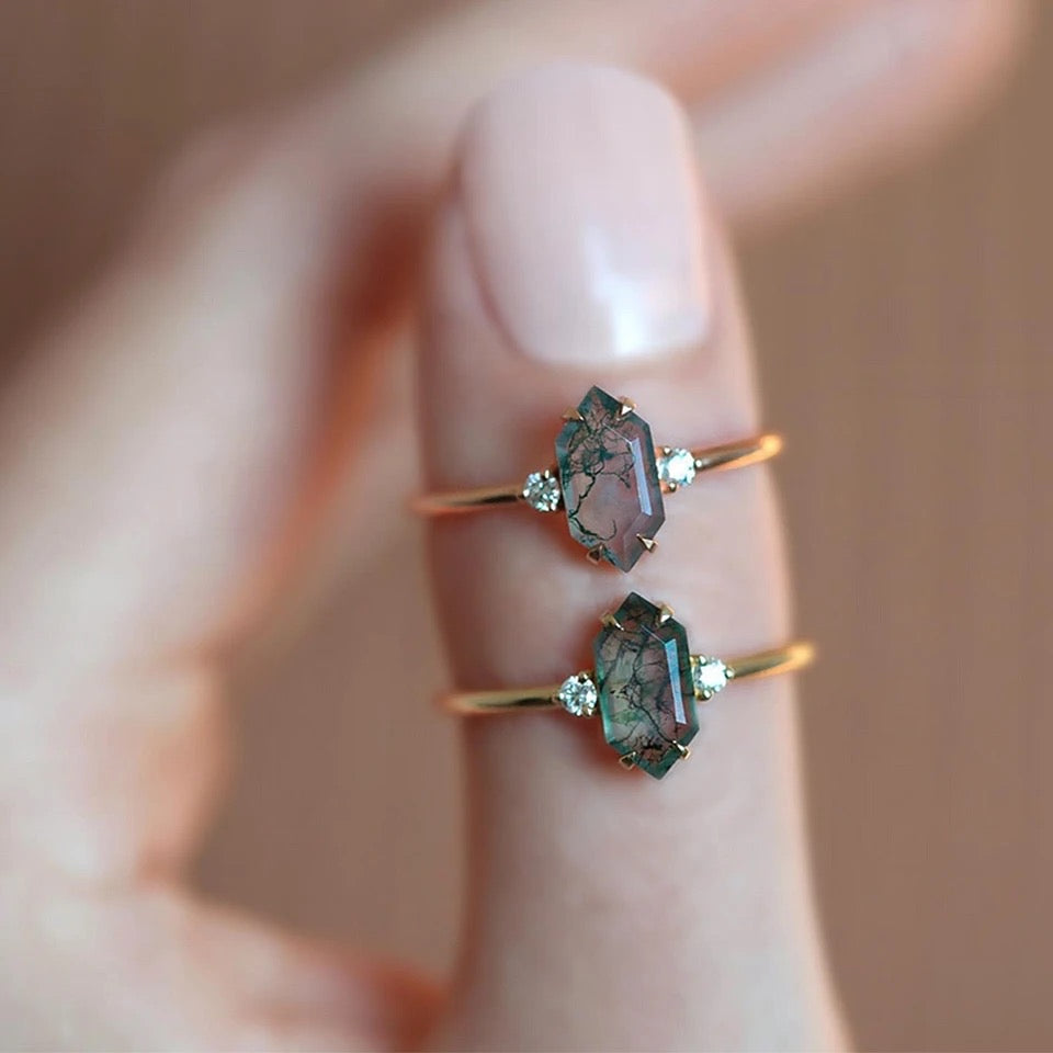 DHAIRYA Moss Agate Engagement Ring with cubic zirconia 925 Silver