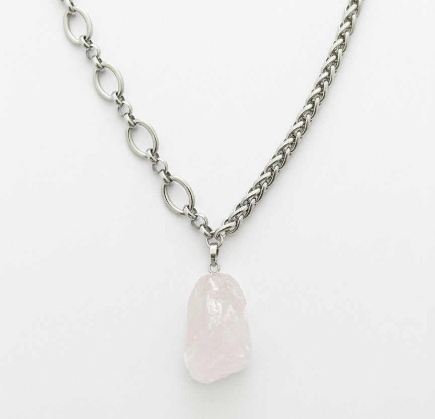 VIREA Raw Rose Quartz Mixed Chain Necklace Silver