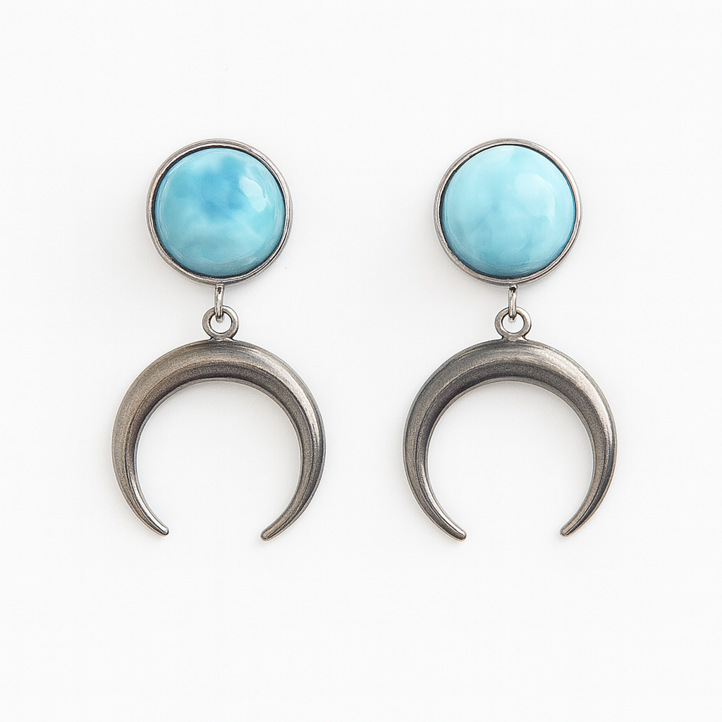 Boucles d'oreilles à breloques croissant de lune en larimar bleu ANUK en argent