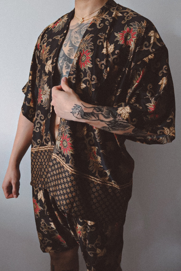 Black Gold Floral Silk Kimono Shorts Set Mens