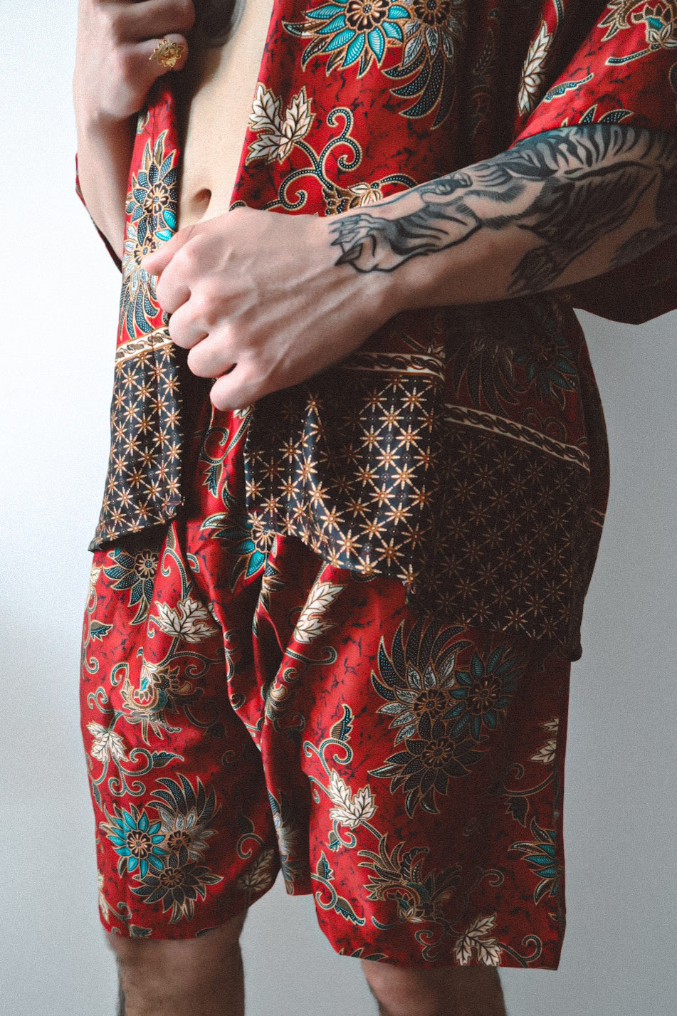 Red Floral Silk Kimono Shorts Set Mens - Camellia