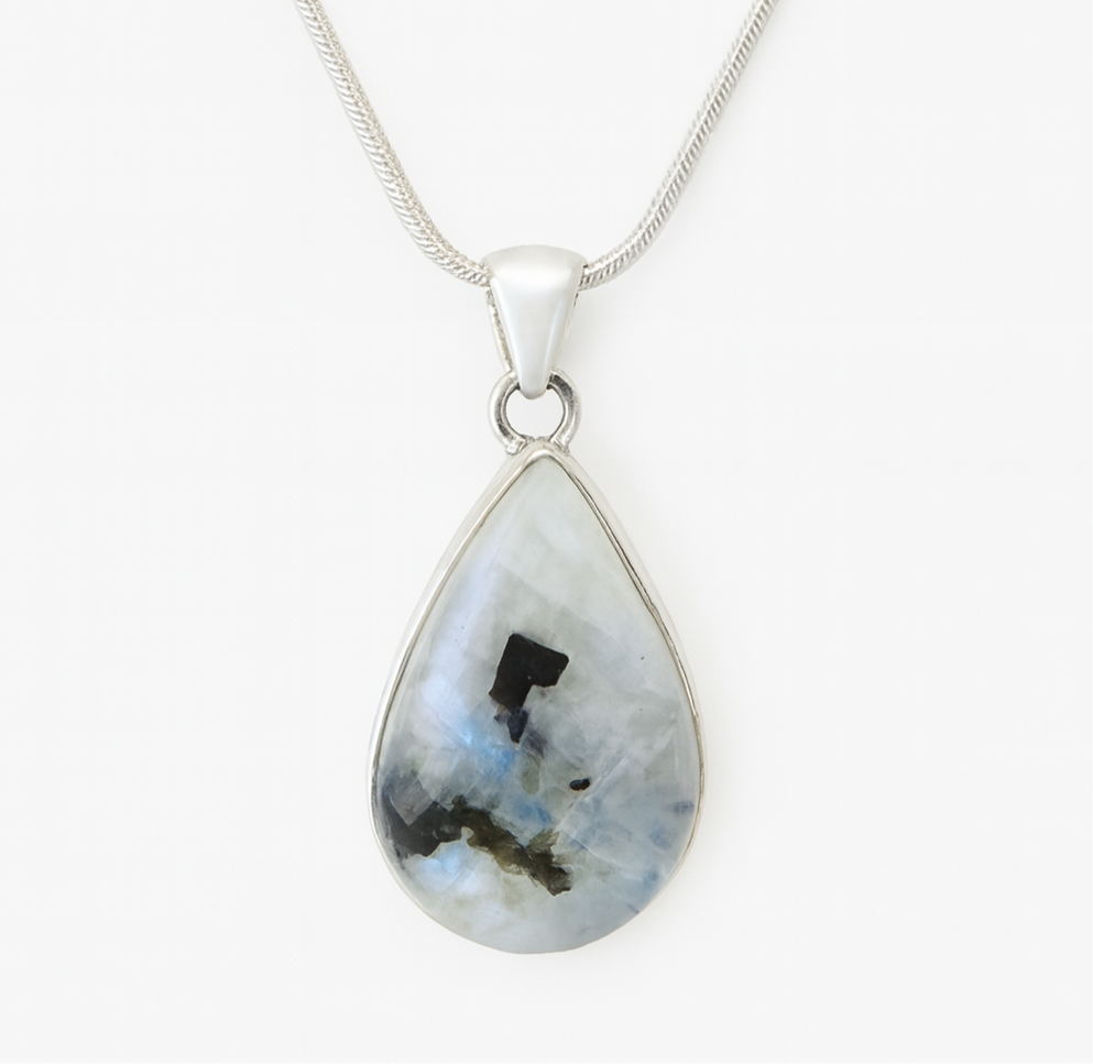CELESTIAL VEIN Rainbow Moonstone Black Tourmaline Pendant Necklace 925 Silver