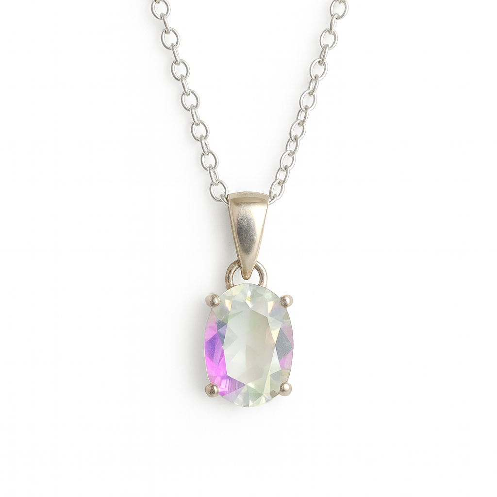 Silver necklace with a pendant featuring a colorful gemstone on a white background