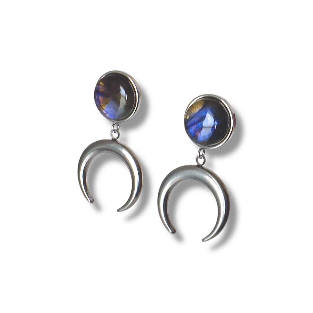 Boucles d'oreilles à tige en argent et croissant de lune en labradorite ANUK