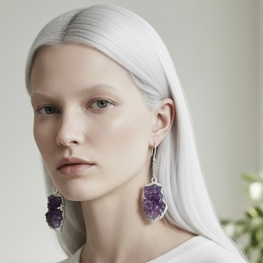 AMARA Raw Amethyst Cluster Chain Charm Earrings Silver