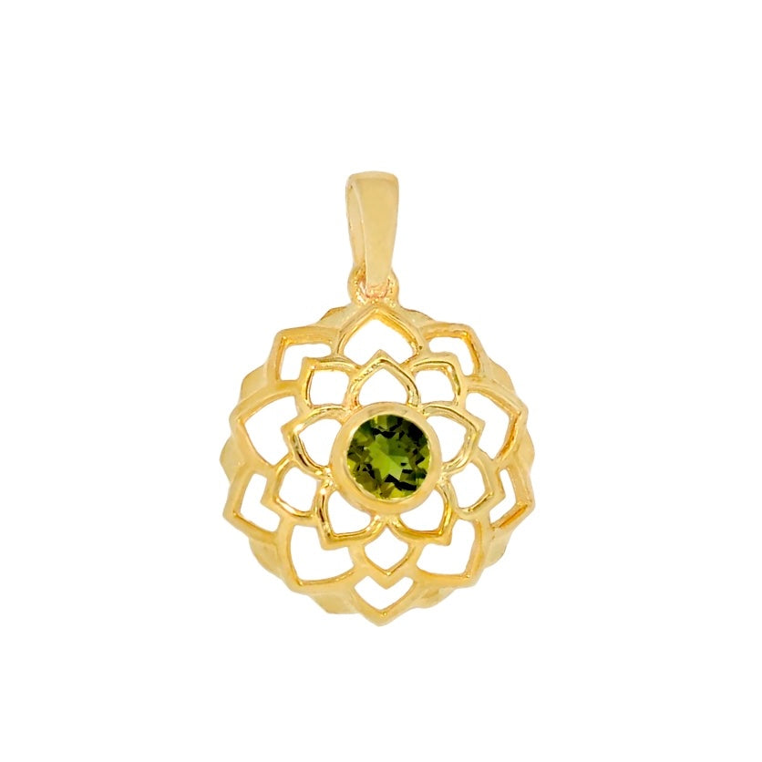 LOTUS Faceted Moldavite Flower Pendant Necklace 18k Gold Vermeil