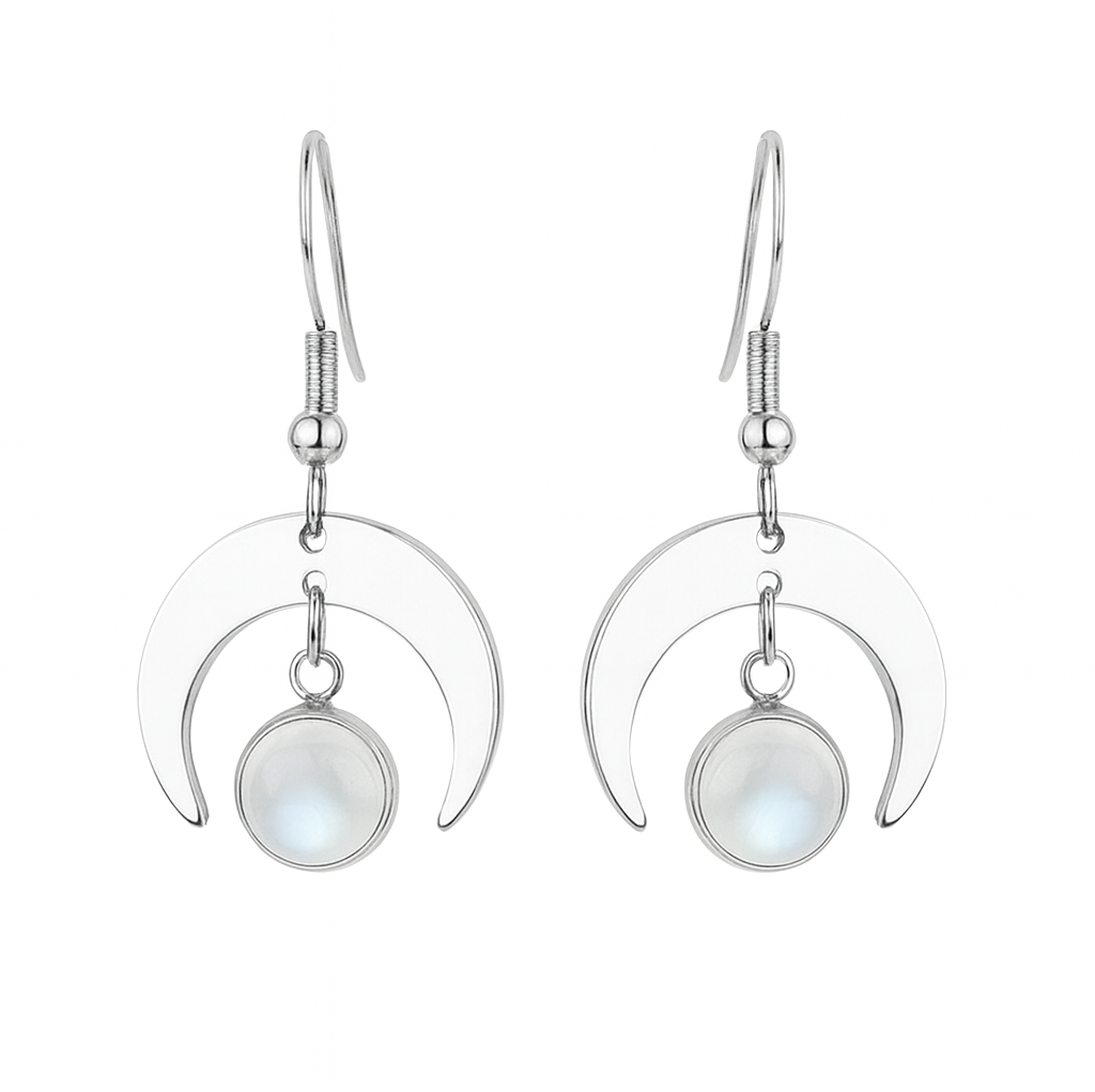 MOON SHADOW Moonstone Dainty Moon Earrings Silver