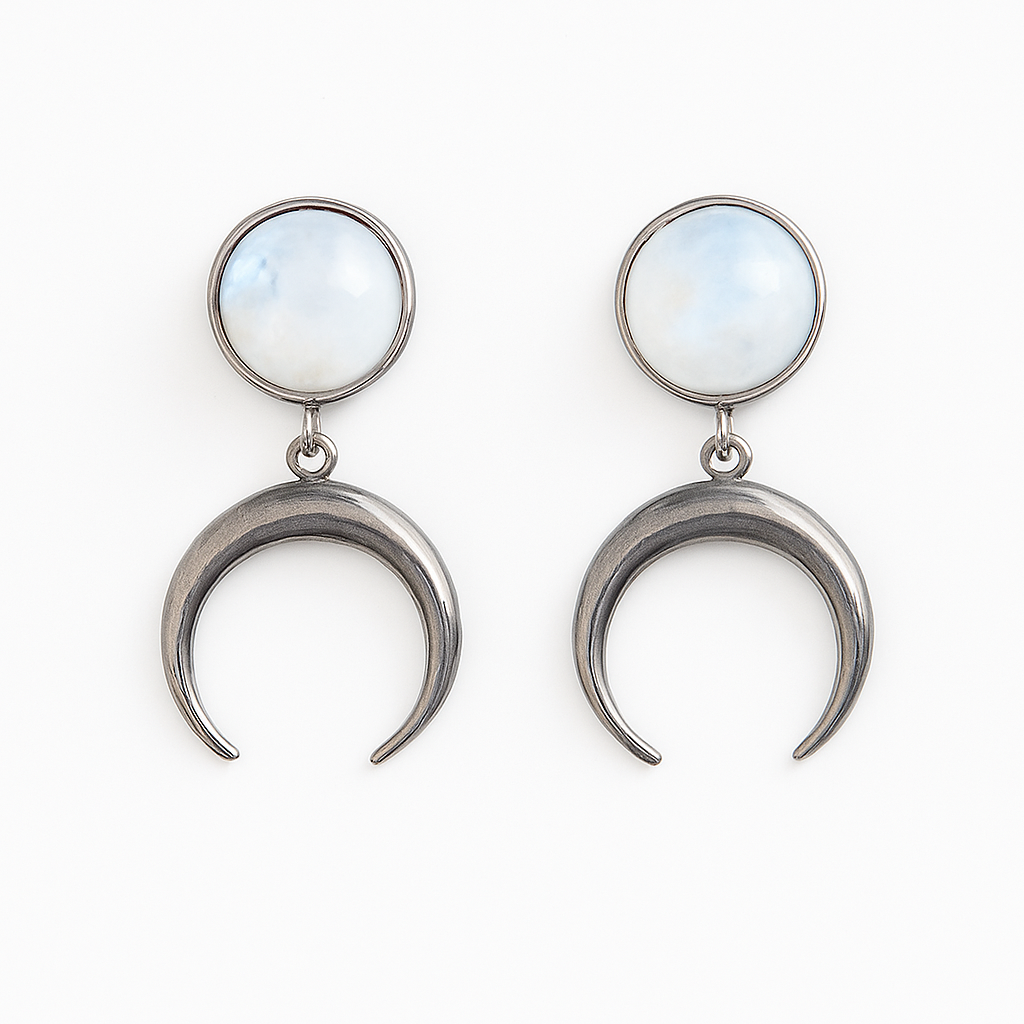 ANUK Rainbow Moonstone Crescent Moon Charm Earrings Silver