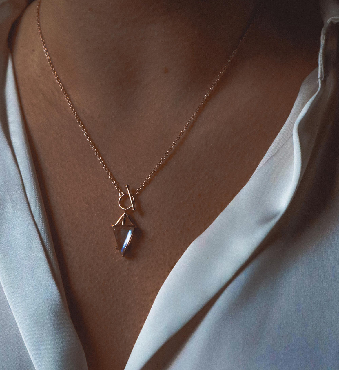 KALI Moonstone Pencil T Lock Necklace Rose Gold 925 Silver