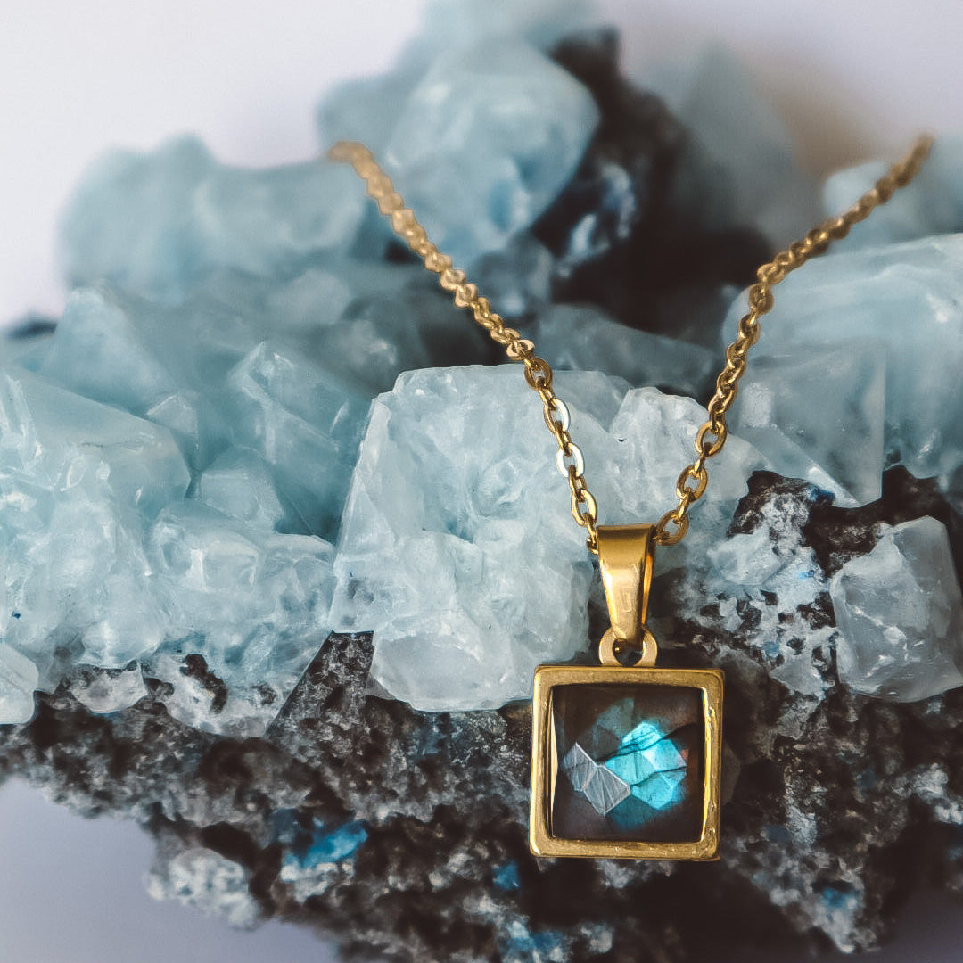 VARG Blue Labradorite Square Pendant Necklace - Gold