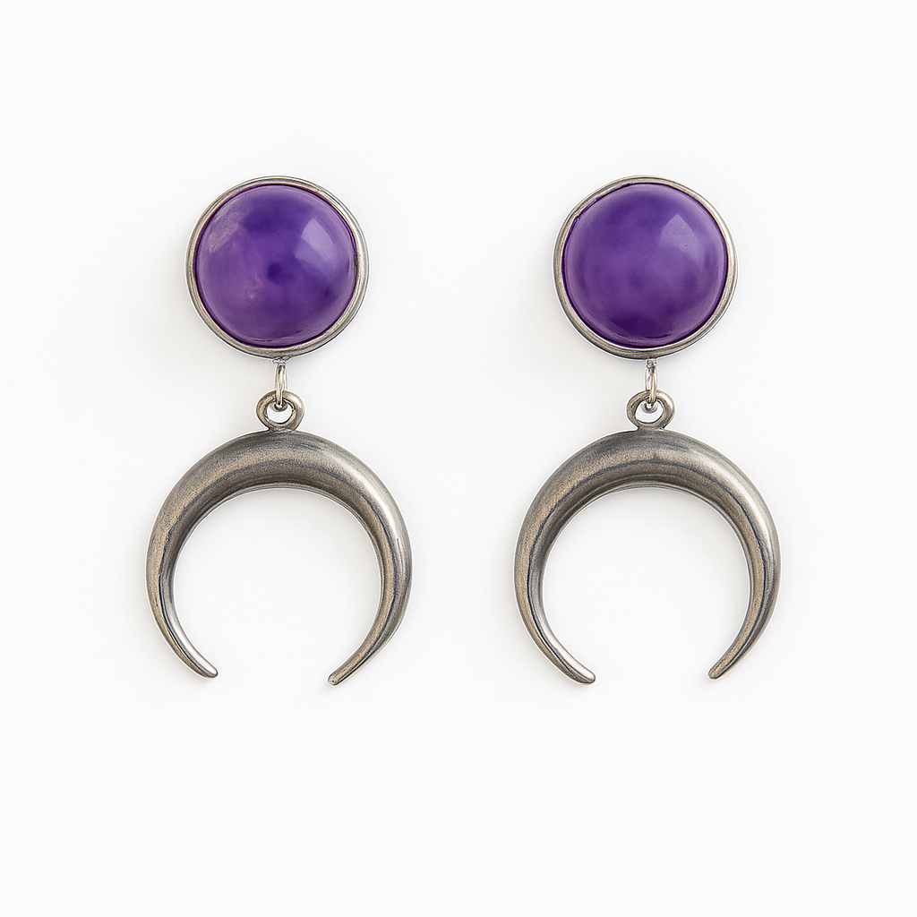 ANUK Amethyst Stud Crescent Moon Earrings Silver