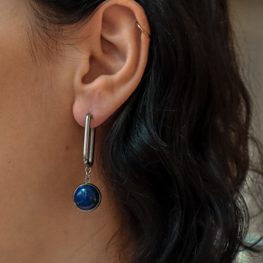 CARRE Boucles d'Oreilles Créoles Rectangulaires Lapis Lazuli Argenté