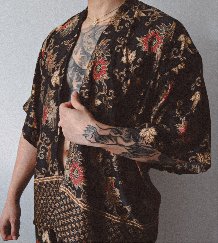 Black Gold Floral Silk Kimono Shorts Set Mens
