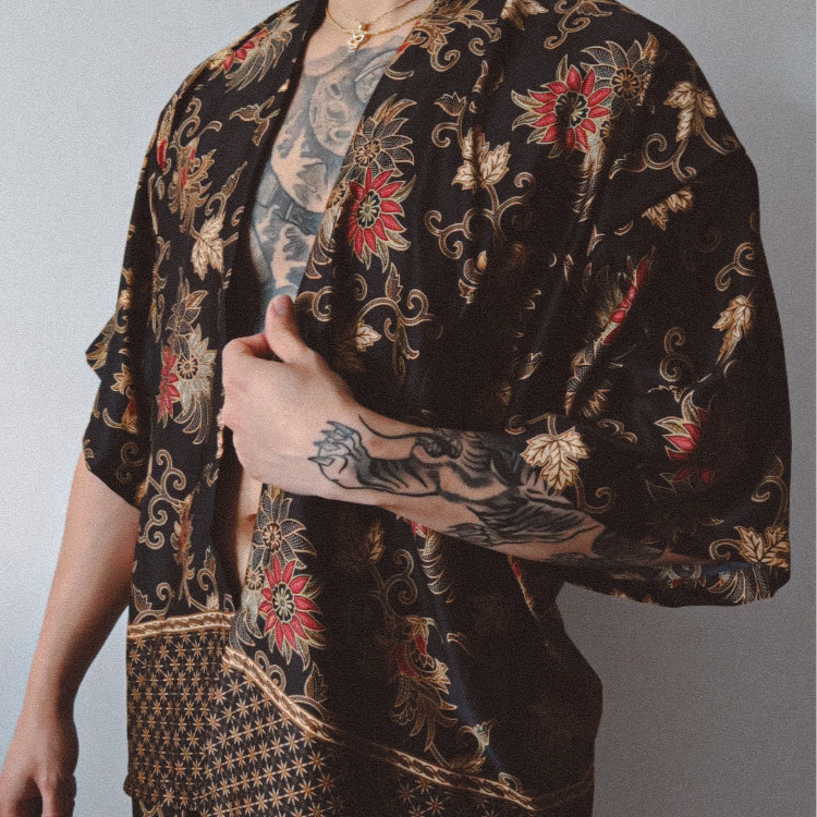 Black Gold Floral Silk Kimono Shorts Set Mens