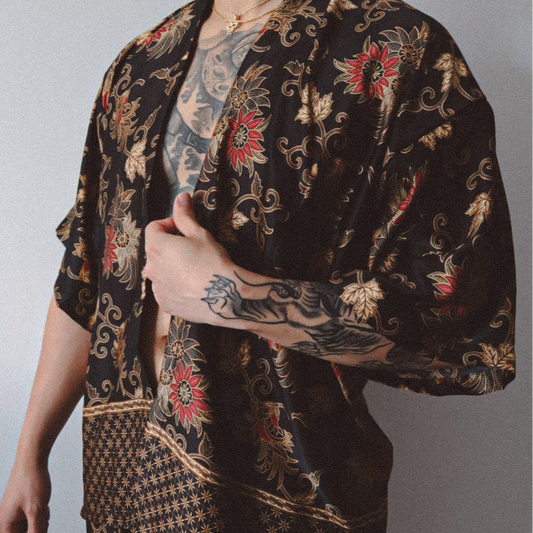 Black Gold Floral Silk Kimono Shorts Set Mens