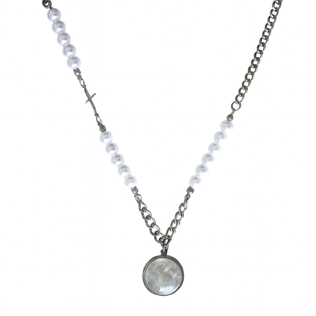 LUNAR DRIFT Rainbow Moonstone Cuban Chain & Pearl Necklace