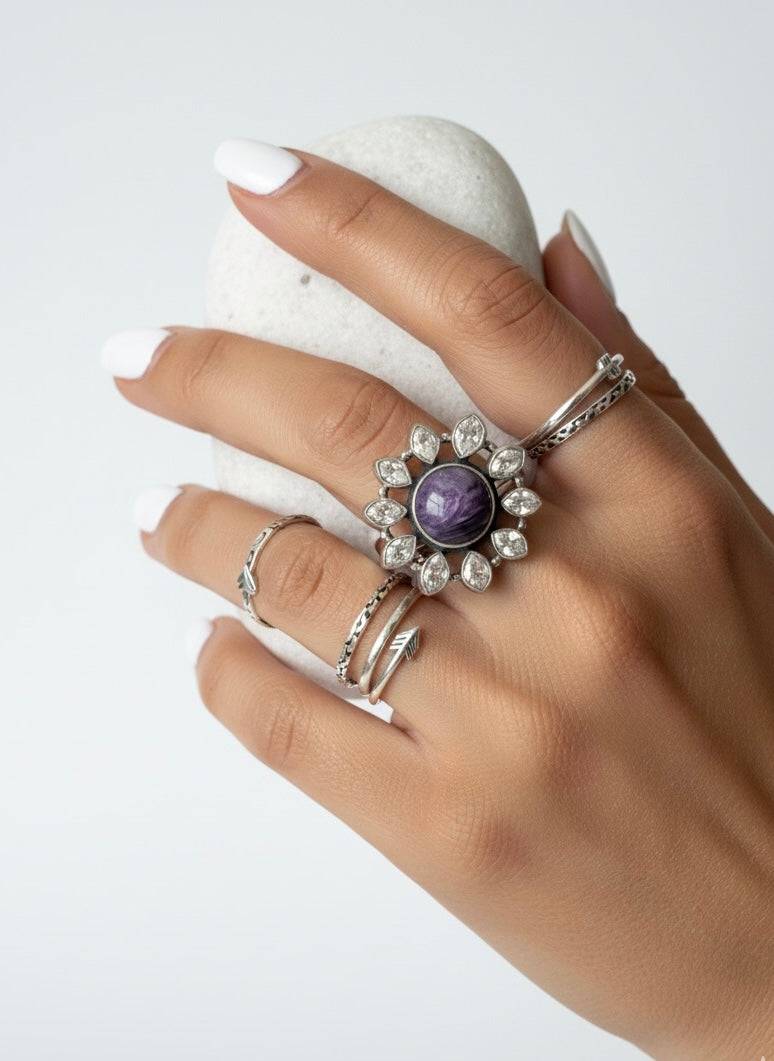 Bague Fleur en Argent avec Charoïte et Diamant Herkimer CELESTIAL BLOOM