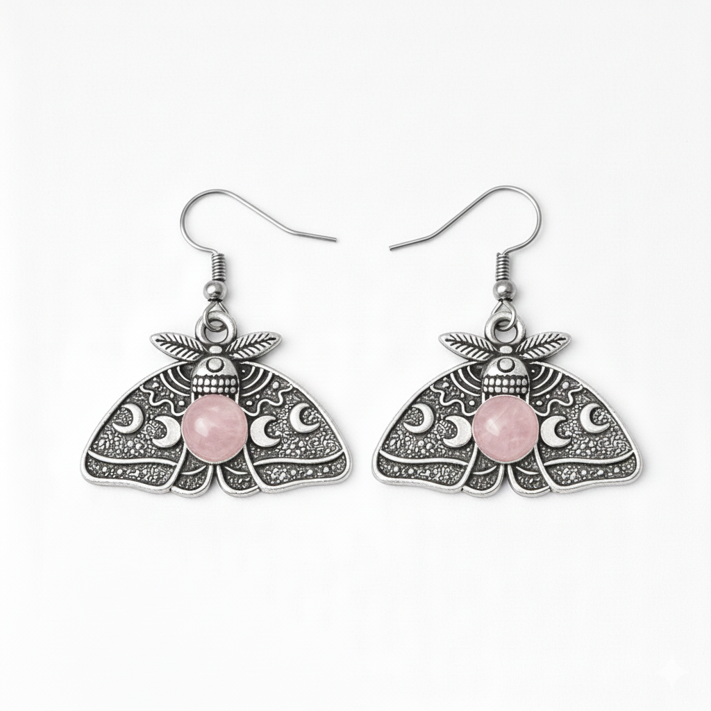 MOON MOTH Rose Quartz Earrings Silver