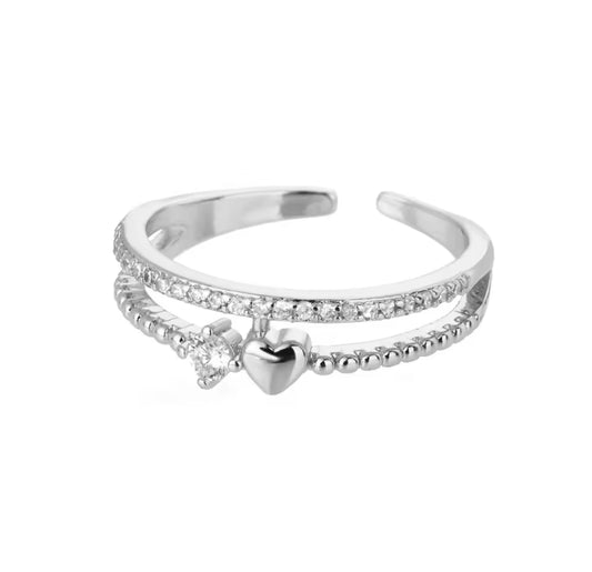 U+ME Double Band Heart Charm Zirconia Ring Silver