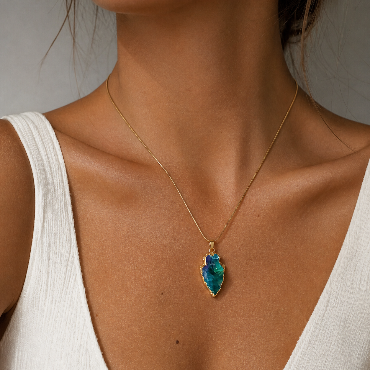 AURIC Aqua Aura Quartz Arrowhead Necklace Gold